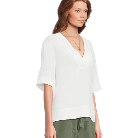 NWT! Faherty Dune Cotton Gauze Short Sleeve Popover Blouse White Coastal sz L - Picture 7 of 8